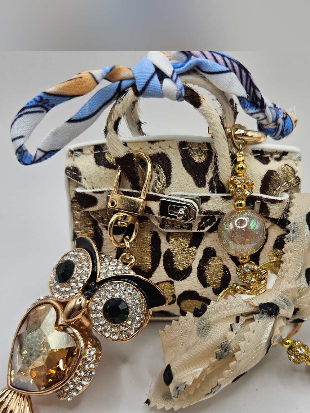 Leopard Print Minibag Charm with Gold Accents